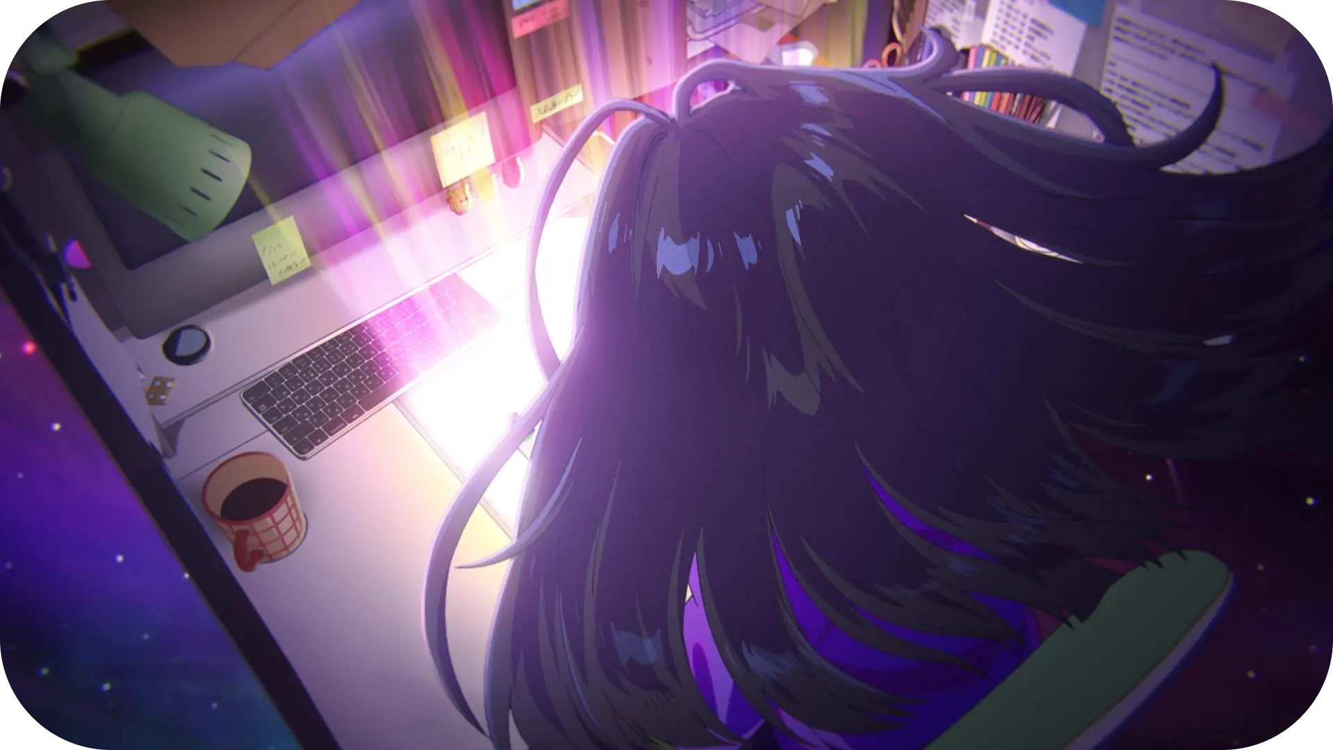 High-angle anime-style illustration of a character with long, flowing dark hair sitting at a desk, facing an intense, blinding white and pink light emanating from the computer workspace.